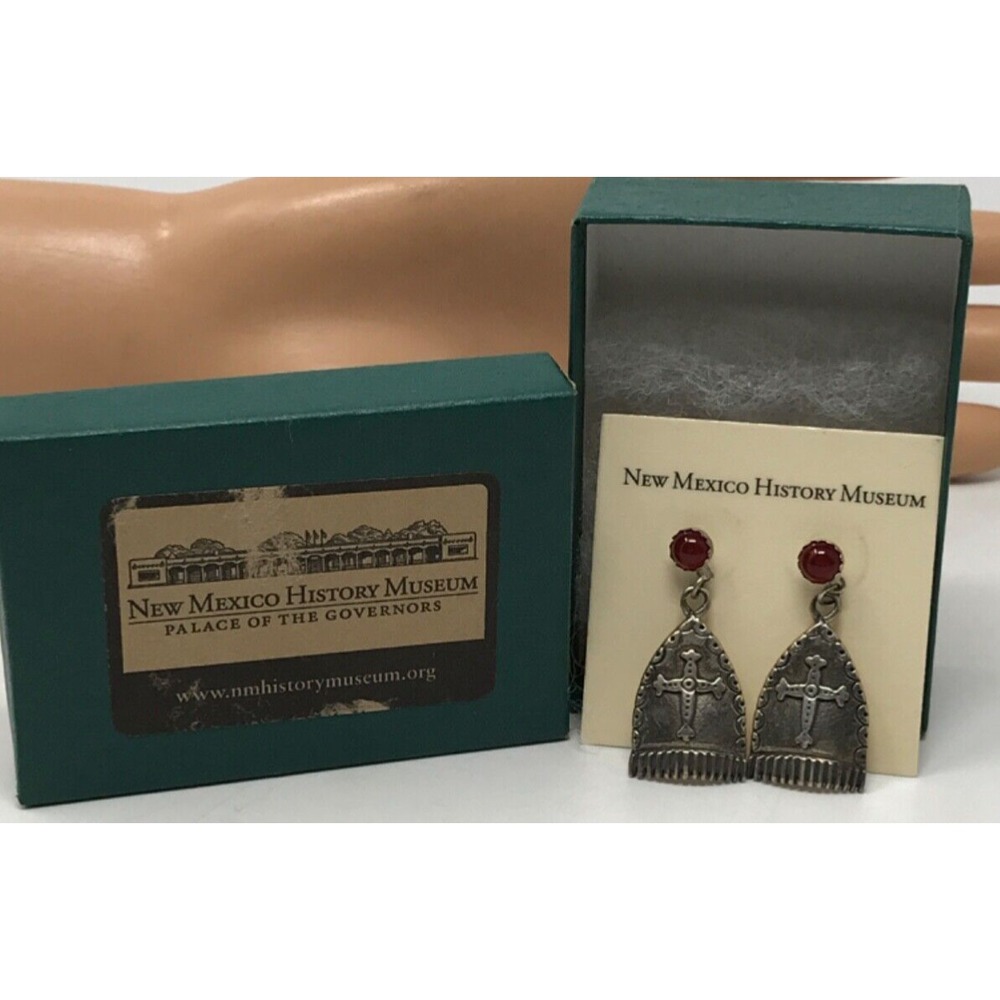 Hispanic Arts and Crafts 925 Sterling Silver Red Stone Cross Earrings